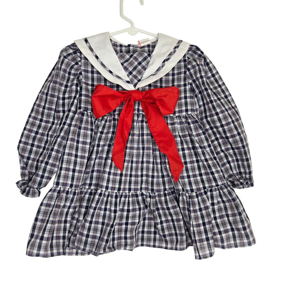 Vintage Girls Sailor Dress Size 4 Years Plaid Lightweight Ruffle Hem Bow Neck
